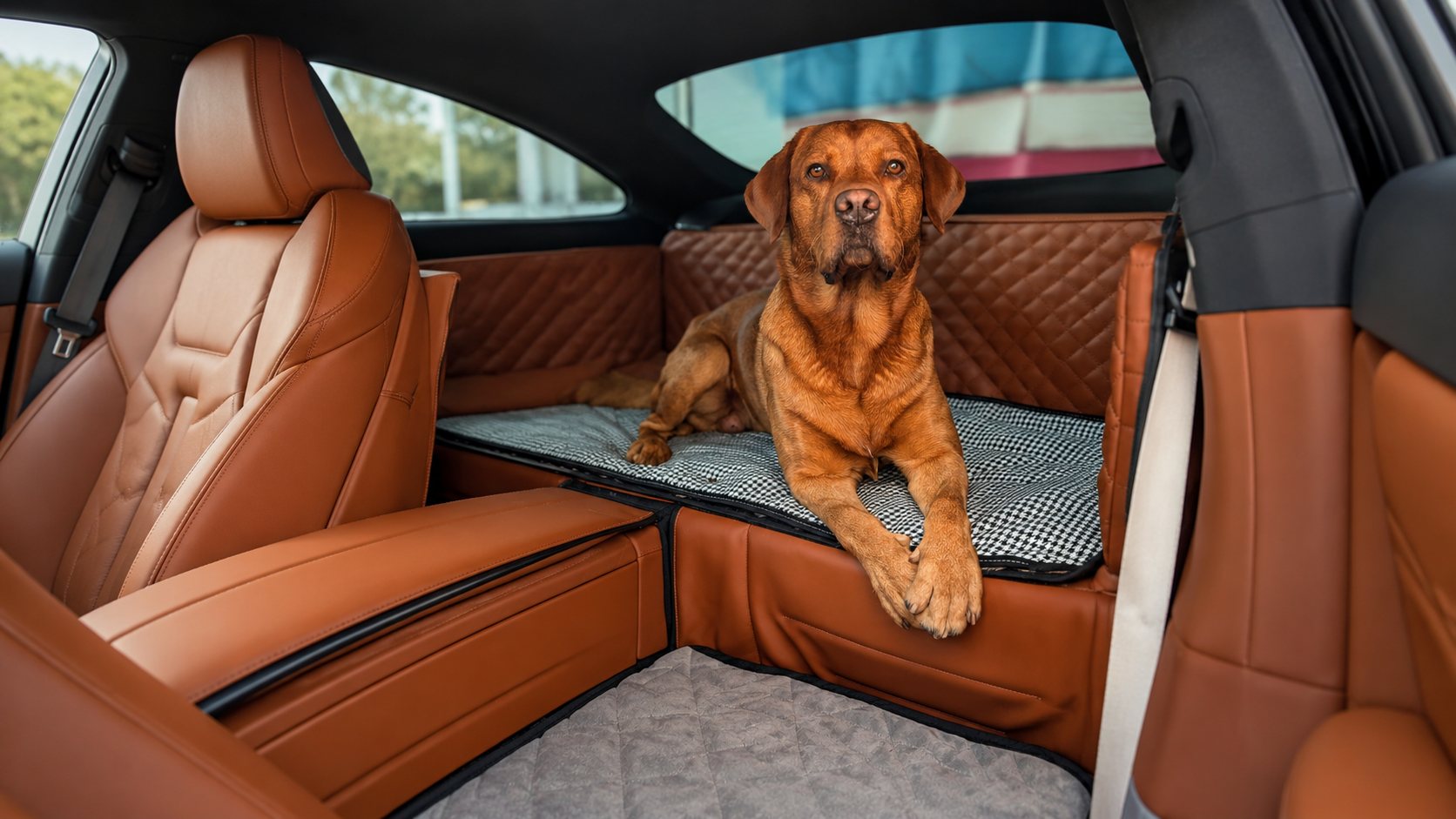 Hund auf maßgefertigter Rückbank-Schondecke